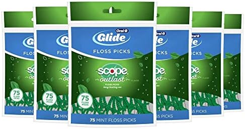 Oral B Glide Dental Floss Picks, Complete With Scope Outlast, Mint, 75 Count, Pack Of 6
