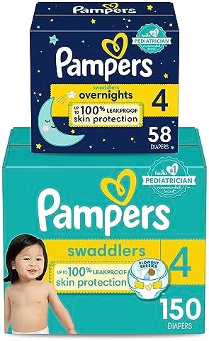 Pampers Disposable Diapers Size 4, Swaddlers 150 Count + Overnight (58 Count)