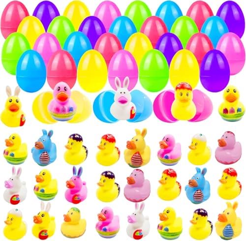 24 Pcs Prefilled Easter Eggs with Bunny Duckies,Bright Colorful Easter Eggs Prefilled with Variety Duckies for Fun Bath Bunny Duckies, Easter Basket Stuffers and Bathtub Toys Party Favors