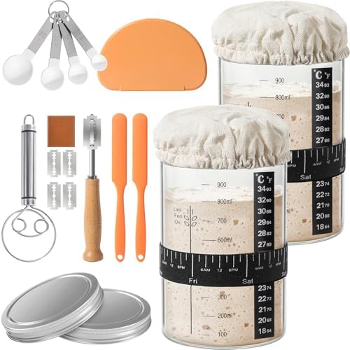Sourdough Starter Jar Kit, 34 Oz Glass Sourdough Jars Wide Mouth, 9 Pack Gluten Free Large Bread Starter Container Set, Sourdough Bread Baking Supplies with Scoring Tool, Whisk, Scraper