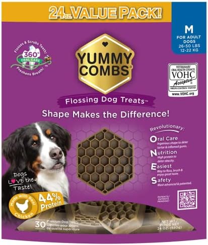 Dog Dental Treats – Vet VOHC Approved – Delicious Chicken Protein – Removes Tartar with Cleaning Comb Shape – Dental Dog Treats for Medium Dogs (24oz, 30 Count)