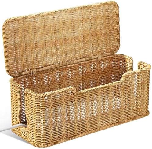 Cable Management Box,2 Open Slots Cord Organizer Hider Box with Lid,12.5" L*5.1" W Handwoven Imitation Rattan Cable Organizer Box for TV Wire Computer Router & Power Strip-B Style(Light Brown)