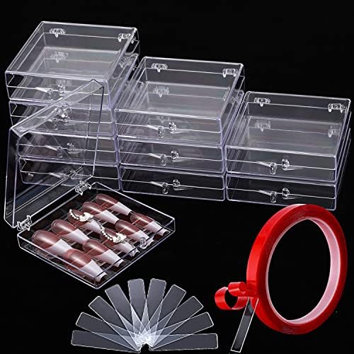 Noverlife 10PCS Press On Nail Storage Box, 2.6x2.6 inch / 6.5x6.5cm Clear Empty Plastic Nail Tips Storage Box with Arcylic Nail Display Sticks, Nail Glue Double Sided Tape for Press on False Nail