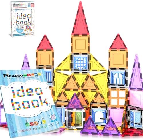 PicassoTiles Magnetic Tiles Magnet Tile Building Blocks Construction Set with 110+ Page IdeaBook Included STEM Learning Toys Toddlers Educational Fun Pretend Play Kids Boys Girls Sensory Toys Ages 3+