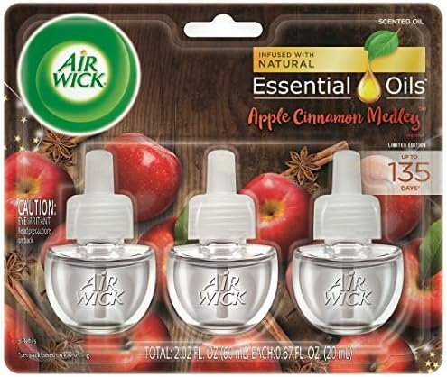 Air Wick plug in Scented Oil 3 Refills, Apple Cinnamon Medley, Holiday scent, Holiday spray, (3x0.67oz), Essential Oils, Air Freshener, Packaging May Vary