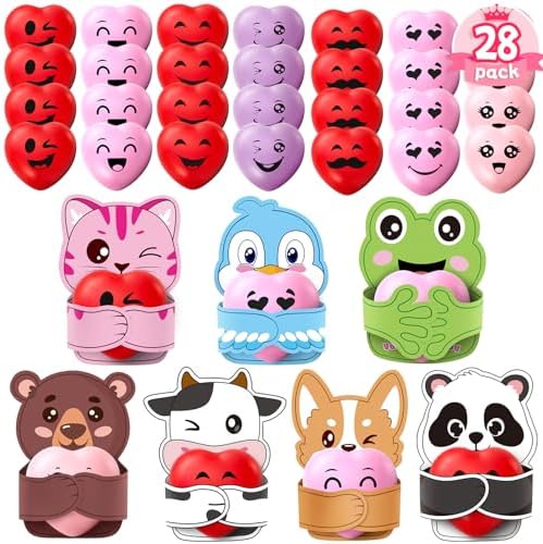 28 Pack Valentines Cards for Kids Classroom School with Heart Balls, Fidget Squishy Toy for Classroom Gifts Exchange, Valentines for Kids Party Favors Boys Girls