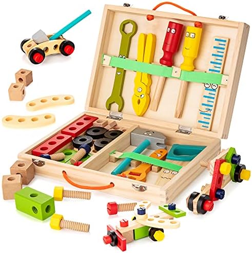 KIDWILL Kids Tool Set with Tool Box & DIY Stickers, Pretend Play STEM Construction Kits for Toddlers 3-5, Montessori Toys for 3 4 5 Year Old, Wooden Play Tools Set, Toddler Boy Toys