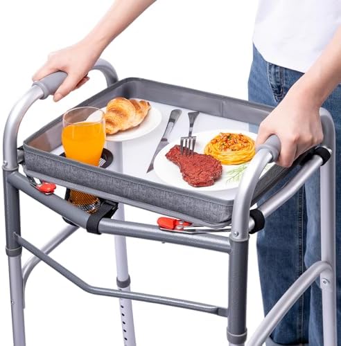BAGSFY Clear View Walker Tray for Seniors– Universal Folding Walker Table with Cup Holder & Side Pocket | Hard Top Lightweight Walker Accessory, Tool-Free Installation, Fits Most Walkers