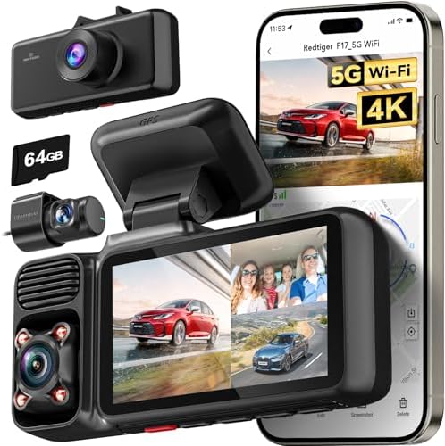 REDTIGER F17 4K 3 Channel Dash Cam with 5GHz WiFi, GPS, and 64GB Card