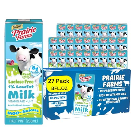 Prairie Farms Lactose Free Milk, Shelf Stable 1% Low Fat Milk Boxes Vitamin D, Gluten Free, Ultra Pasteurized (UHT), Kosher - 8oz. (27 Pack)