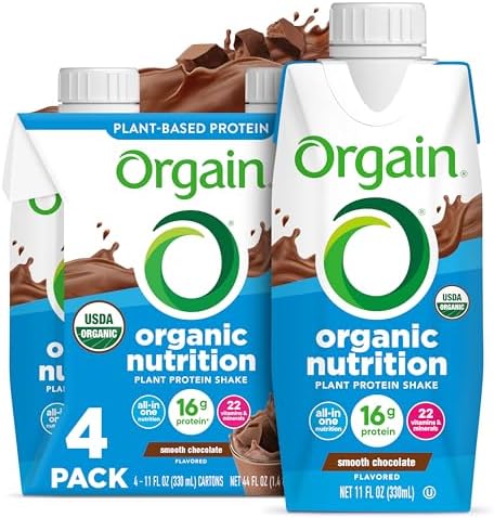 Orgain Organic Nutritional Vegan Protein Shake, Smooth Chocolate - 16g Plant Based Protein, Meal Replacement, 22 Vitamins & Minerals, Fruits & Vegetables, Gluten Free, Non-GMO, 11 Fl Oz (Pack of 4)