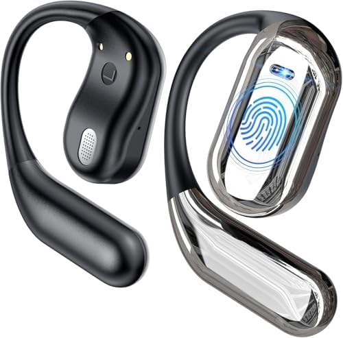 EUQQ Open Ear Bluetooth 5.4 Headphones, Wireless Earbuds Sport Over Earphones Built-in Mic with Ear Hooks 50H Playtime Ear Buds LED Display Charging Case, Waterproof Design for Running Fitness, Black