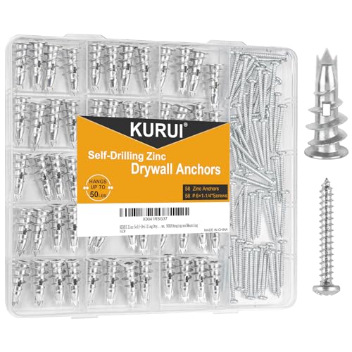 KURUI #6 Zinc Self-Drilling Drywall Anchors, 116PCs Hollow Metal Wall Anchors and Screws Kit, 58 Heavy Duty Sheetrock Anchors + 58#6 x 1-1/4'' Screws, 50LB Hanging and Mounting