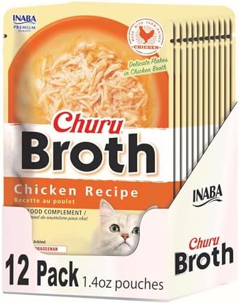 INABA Churu Broth for Cats, Creamy Broth with Shredded Chicken Side Dish Pouch, 1.4 Ounces per Pouch, 12 Pouches, Chicken Recipe