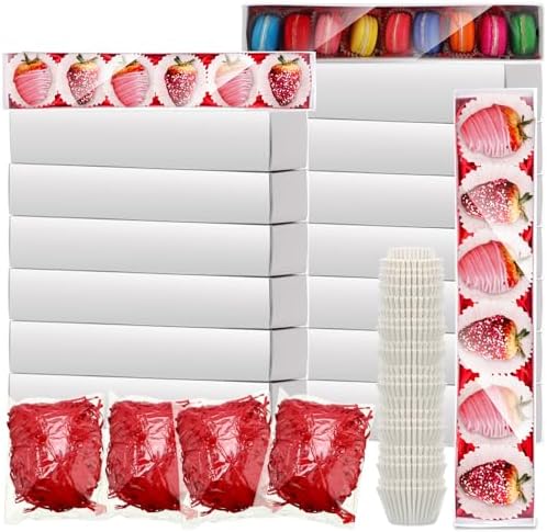 Cholemy 40 Sets Valentine's Day Chocolate Strawberries Boxes with Clear Window 250 Pcs Paper Food Trays 4 Bags Raffia Bakery Macaron Boxes Disposable Serving Trays Gifts 12 x 2.2 x 2 Inches(White)