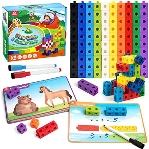 Coogam Math Manipulatives, Math Game for Kids 3-8 with Number Counting Snap Linking Cube, 1st Grade Math Flashcards Toy Gift for Preschool Learning