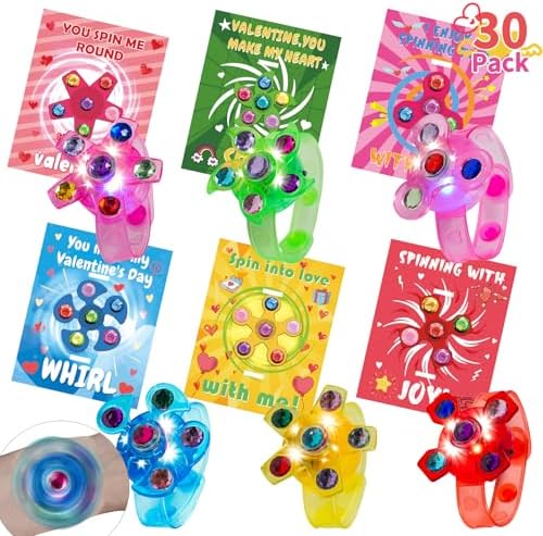 INST Valentines Day Gifts for Kids 30 Packs Valentines Day Cards with Light Up Fidget Spinner Bracelets for Kids Valentines Gift Exchange for Class Classroom Prizes Party Favors Supplies