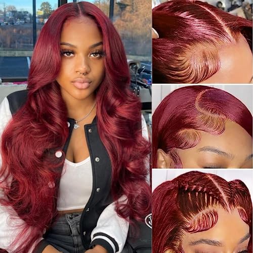 99j Burgundy Body Wave Lace Front Wigs Human Hair 180 Density 13x4 HD Transparent Lace Frontal Wigs Human Hair Glueless Wine Red Wigs Brazilian Virgin Human Hair Pre Plucked with Baby Hair