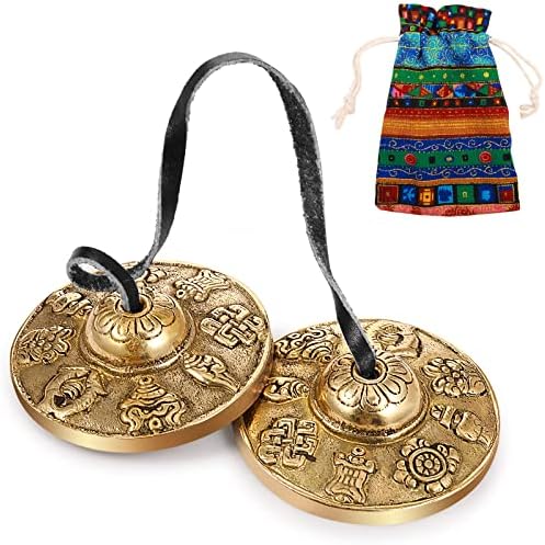 Boao Tibetan Tingsha Cymbals Meditation Chime Bells with Tibetan Drawstring Cloth Bag, 6.3 cm Meditation Chime Bells, for Percussion Instrument(8 Lucky Symbols Embossed)
