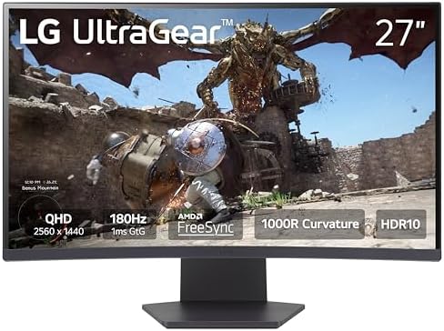 LG 27GS60QC-B Ultragear Curved Gaming Monitor 27-Inch QHD (2560x1440) 180Hz 1ms 1000R AMD FreeSync HDR10 HDMIx2 DisplayPort Borderless Design Black Stabilizer DAS Crosshair FPS Counter - Black