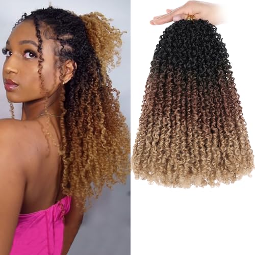 COOKOO 12 Inch 8 Pcs Boho Yanky Twist Crochet Hair with Curly Ends Ombre Brown and Blonde Bouncy Passion Twist Synthetic Braids Pre-looped Micro Spring Twist Hair Yanky Twists for Women 1B/30/27#