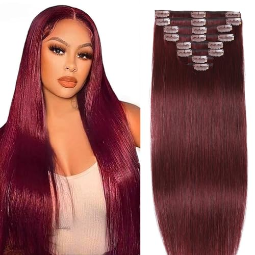 Burgundy Reddish Hair Extensions Clip ins Straight Clip in Hair Extensions Real Human Hair Premium Soft 8pcs Remy Human Hair Clip in Extensions for Women (#99J 18Inch)