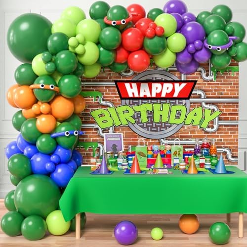 153Pcs Turtle Birthday Party Decorations Supplies Kids Teen, Green Turtle Balloon Arch with Backdrop Tablecloth Googly Eye Long Balloons, Girls Boys Video Game Cartoon Turtle Birthday Decorations