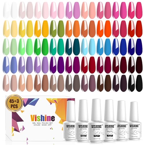Vishine Gel Nail Polish Set - 45 Color Gel Nail Polish with Base Top Coat Lasting Nail Gel Polish Soak Off UV LED Gel Polish Manicure Kit 48Pcs 8ml