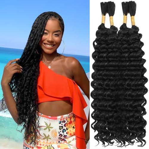 Human Braiding Hair Mix Synthetic Boho Hair for Braiding, 16 Inch 200g Boho Braids 4 Bundles Wet and Wavy Curly Deep Wave Bulk Bohemian Extensions for Black Women (1B, 16inch)