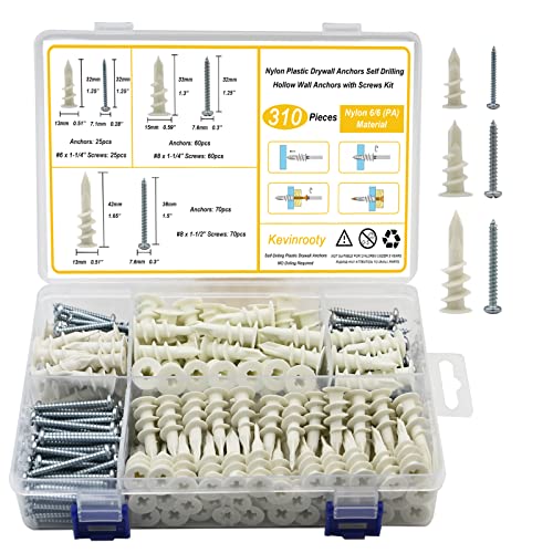 3 Sizes Self Drilling Drywall Anchors, 310PCS Nylon Plastic Wall Anchors and Screws for Drywall, No Pre Drill Hole Preparation Required,13x32mm,15x33mm,13x42mm