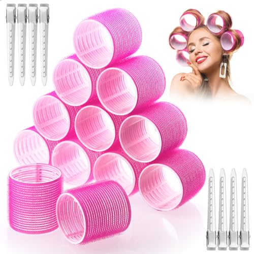 Jumbo Hair Curlers Self-Grip Rollers, 60mm Large Rollers with Clips for Long, Thick Straight Hair (Rose Red) - Hair Curlers Rollers