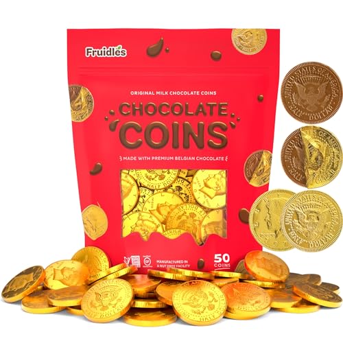 Fruidles Milk Chocolate Coins, Gold Half Dollar Made with Premium Belgian Chocolate, Nut-Free, Non-GMO, Kosher Dairy (50-Pack)
