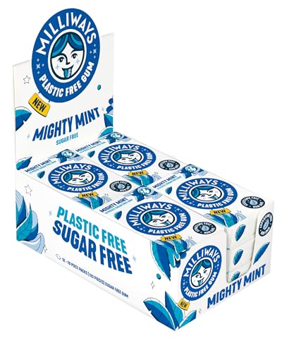 Milliways Mighty Mint Super Natural Gum - Plastic-Free Chewing Gum | Xylitol, Aspartame-Free, Sugar-Free, Plant-Based | 12 Packs of 10 Pieces (120 Pieces Total)