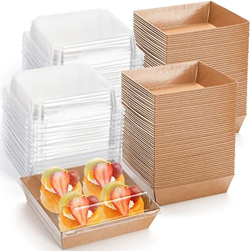 Hiceeden 100 Pack Charcuterie Boxes with Clear Lids, 5.5"×4.9"×2.4" Paper Bakery Dessert Sandwich Box, Disposable Square Food Containers for Cookies, Donuts, Muffins, Salad, and Pastry, Brown