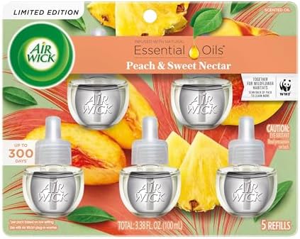 Air Wick Plug in Scented Oil Refill, 5 Ct, Fresh Peach and Sweet Nectar, Air Freshener, Essential Oils, Spring Collection
