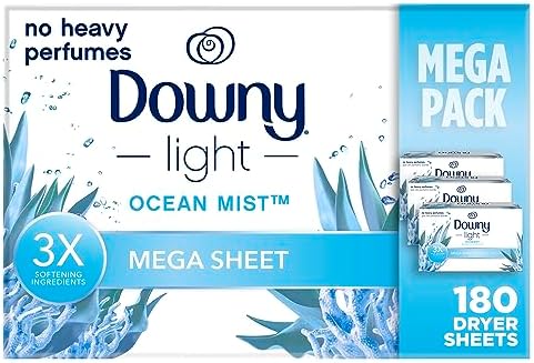Downy Light Mega Dryer Sheets, Fabric Softener Dryer Sheets, Ocean Mist, 180 Count