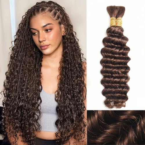 Human Braiding Hair 4# Deep Wave Bulk Human Hair for Braiding No Weft 100g 2 Bundles/Pack Curly Human Hair Extensions for Boho Braids Wet and Wavy Brazilian Virgin Human hair Braiding Hair (14 Inch)