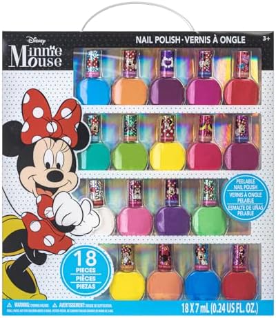 Townley Girl Disney Minnie Mouse 18 Piece Water-Based Nail Polish Set, Quick Dry and Peels-Off, Nail Paint Set for Girls, Perfect for Parties, Sleepovers and Makeovers, Ages 3