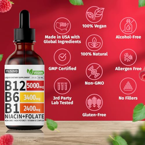 (2 Pack) Vitamin B12 Liquid Drops, Vitamin B Complex, Vegan B12 Sublingual 5000 mcg with Vitamin B6, Liquid B12 Methylcobalamin Supports Energy, Brain & Heart with 27,200 mcg Per Serving, 80 Servings