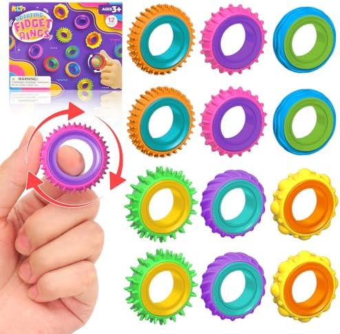 Fidget Toys Sensory Rings for Kids: 12 Pack Finger Spinner Rings - Texture Stress Toys for Kids Autism Calming - Fun Fidgets for Student Classroom Prize Stocking Stuffers