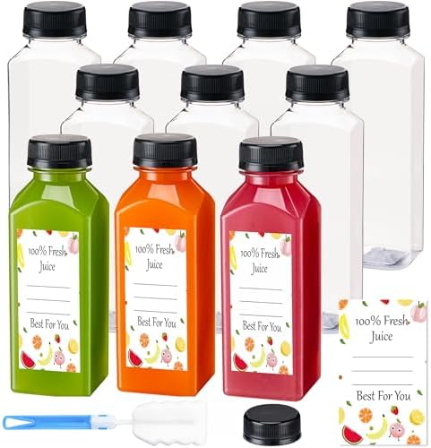 BOOMIBOO Juice Bottles with Caps 10Pcs 12oz, Plastic Bottleswith Caps, Clear Reusable Water Bottle, Used for Juicing Bottles, Smoothie Bottle, Juice Containers - with 10Pcs Labels & Bottle Brush