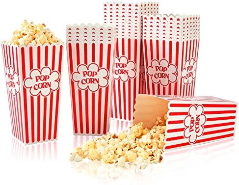RAYMEA Popcorn Containers Disposable 46 Oz Red & White Striped 28 Pack Cardboard Popcorn Boxes for Movie Night