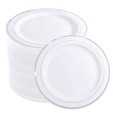 WELLIFE 144 Pieces Silver Plastic Dessert Plates, 7.5 inch Disposable Salad Plates, Premium White Appetizer Plates with Silver Rim, Ideal for Party, Wedding