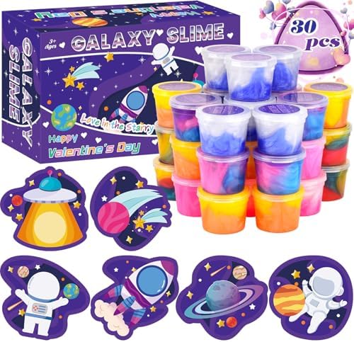 30 Pack Valentines Day Gift Cards with Galaxy Slime Stress Relief Fidget Toy for Kids Party Favor, Classroom Exchange Prizes,Valentine Exchange Gifts, Valentine’s Greeting Cards