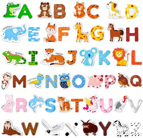 Wooden Fridge Magnets for Toddlers – 26 Cute Animals & Uppercase Letters, Large Refrigerator ABC Alphabet Magnets Set for Kids, Preschool Learning Spelling Alphabet Gifts Toy for Ages 2+