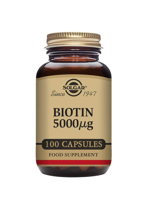 Solgar Biotin 5000 mcg, 100 Veg Caps - Promote Healthy Skin, Nails & Hair - Supports Energy Production, Protein, Carbohydrate & Fat Metabolism - Vitamin B - Non GMO, Vegan, Gluten Free - 100 Servings