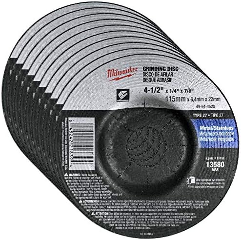 Milwaukee 10 Pack - 4 1 2 Grinding Wheel for Grinders - Aggressive Grinding for Metal & Stainless Steel - 4-1/2" x 1/4 x 7/8-Inch | Depressed