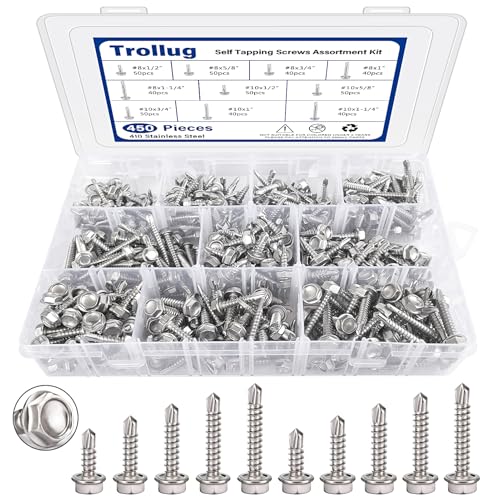 450PCS Self Tapping Screws for Metal, 410 Stainless Steel Self Drilling Screws #8#10 Hex Head Sheet Metal Screws Assortment Kits, Length 1/2"" to 1-1/4'' (Silver)