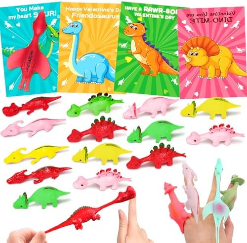 30 Pack Kids Slingshot Dinosaur Finger Toys Valentine's Day Gifts For Kids With Valentine's Day Card School Classroom Valentine's Gifts Boy Girl Exchange Valentine's Party Favors Goodie Bags for Kids