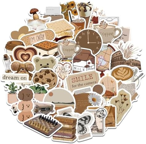 60Pcs Brown Aesthetic Vintage Stickers for Journaling, Waterproof Decal Pack for Laptops, Water Bottles, Luggage, Helmets, and Motorcycles, Reusable Graffiti Art Stickers